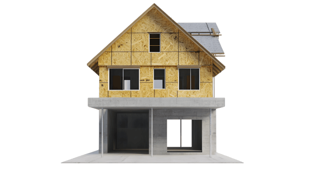 Construction in Progress TwoStory House with Plywood Walls and Concrete Foundation png