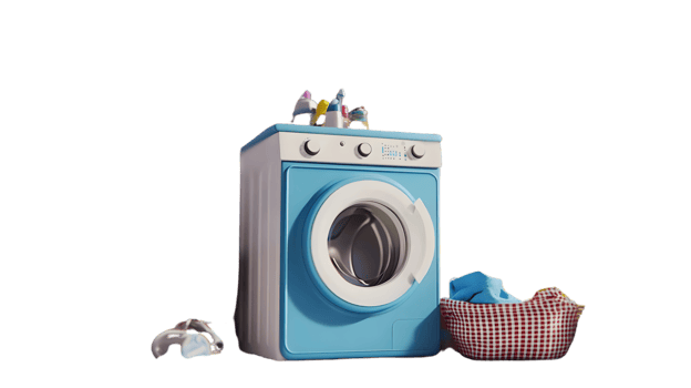 Laundry Day Essentials A Blue Washing Machine with Cleaning Supplies and Laundry Basket png
