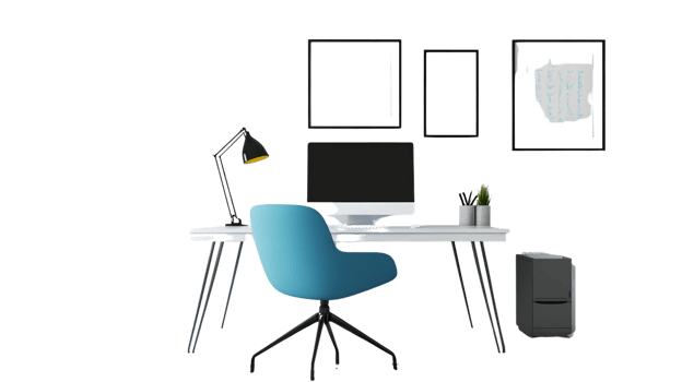 Modern Home Office Setup with Minimalist Desk Chair Computer and Decorative Wall Art png