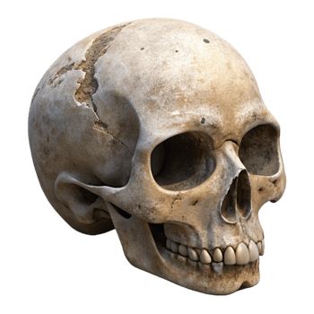 playful radiant A single, human skull, worn and weathered. NO BACKGROUND with Transparent Background. 8K png