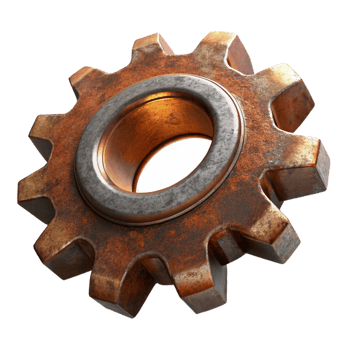 unparalleled minimalist A rusty metal gear, NO BACKGROUND with Transparent Background. detailed png