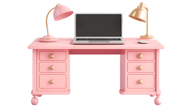 Pink Desk Setup with Laptop Lamps and Drawers for Home Office or Study Space Ideal for Prod png