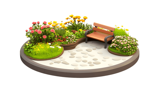 Relaxing Garden Scene with Wooden Bench and Flowerbeds png