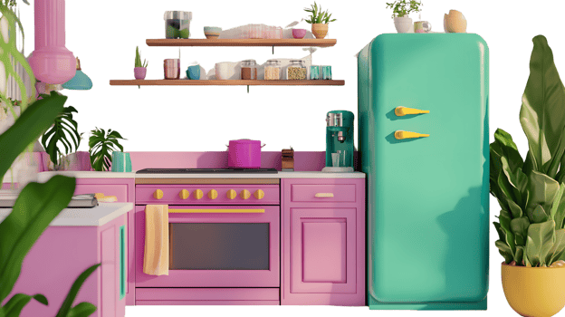 Retro Kitchen Interior Design with Pink Cabinets and Teal Refrigerator png