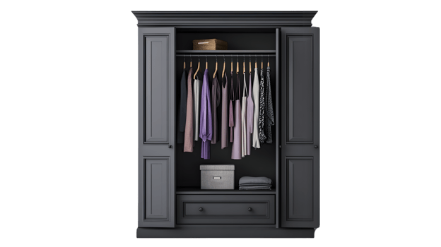 Stylish Wardrobe with Organized Clothing and Storage Solutions for Home Decor and Interior Desi png