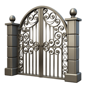 exquisite bold rustic Wrought iron gate, ornate design, NO BACKGROUND with Transparent Background. top-tier png