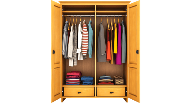 Wooden wardrobe with clothes hanging and folded png