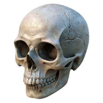 majestic reflective surreal A single, human skull, worn and weathered. NO BACKGROUND with Transparent Background. elite png