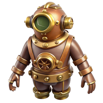 nostalgic picturesque Steampunk diving suit with brass helmets and articulated joints. NO BACKGROUND with Transparent Background. ultra HD png