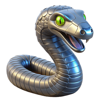dramatic stunning Robotic snake with metallic scales and glowing eyes. NO BACKGROUND with Transparent Background. detailed png