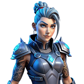 majestic creative Cyberpunk female warrior, intricate armor, glowing blue tattoos, NO BACKGROUND with Transparent Background. high quality png