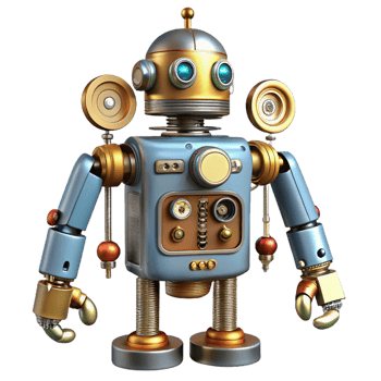 picturesque joyful urban Steampunk robot schematic with detailed component labels. NO BACKGROUND with Transparent Background. 8K png