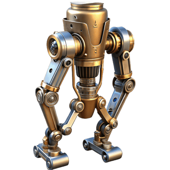 pristine memorable Steampunk robotic leg with intricate pistons and metal plating. NO BACKGROUND with Transparent Background. png