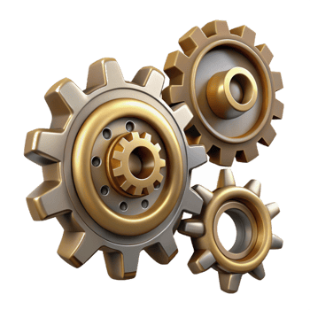 pristine victorian Steampunk gear set with various sizes and intricate teeth. NO BACKGROUND with Transparent Background. handcrafted png