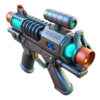 striking mid-century Futuristic weapon, plasma rifle, energy coils, targeting scope. NO BACKGROUND with Transparent Background. elite png