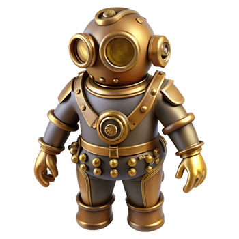 inspired contemporary Steampunk diving suit with brass helmets and articulated joints. NO BACKGROUND with Transparent Background. luxury png
