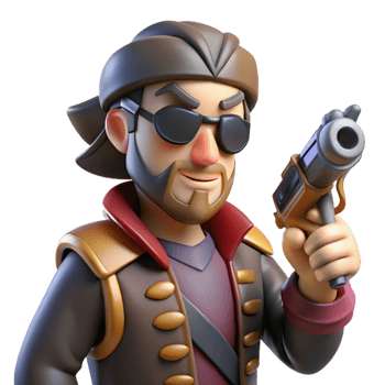 wonderful playful coastal Space pirate captain, scarred, eyepatch, holding plasma pistol, NO BACKGROUND with Transparent Background. expertly shot png