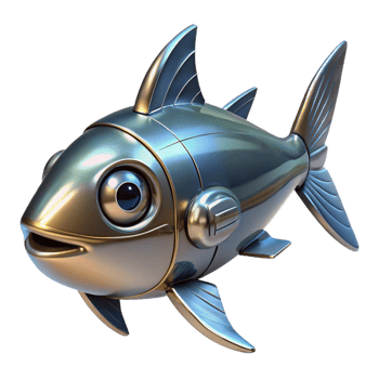 elegant signature Robotic fish with metallic fins. NO BACKGROUND with Transparent Background. png