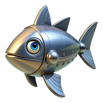 melancholic serene Robotic fish with metallic fins. NO BACKGROUND with Transparent Background. genuine png