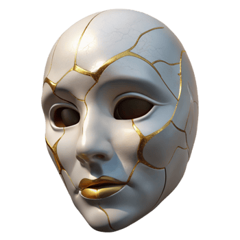 radiant tranquil art deco A cracked porcelain mask with golden veins. NO BACKGROUND with Transparent Background. artisan png