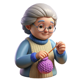 signature bohemian Elderly woman knitting NO BACKGROUND with Transparent Background. high resolution png