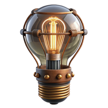 standout futuristic Steampunk light bulb with exposed filaments and intricate wiring. NO BACKGROUND with Transparent Background. 8K png