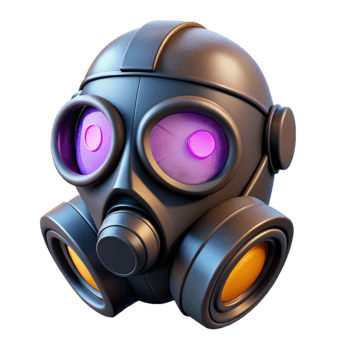 striking whimsical contemporary Cyberpunk gas mask with glowing lenses NO BACKGROUND with Transparent Background. luxury png