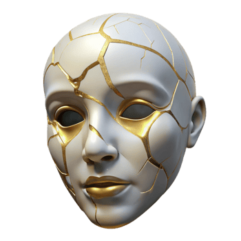 breathtaking reflective artistic A cracked porcelain mask with golden veins. NO BACKGROUND with Transparent Background. ultra HD png