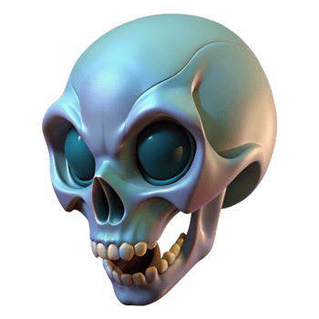 majestic tranquil retro Alien skull with elongated cranium and sharp teeth NO BACKGROUND with Transparent Background. luxury png