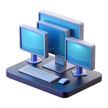 stunning bold industrial Desktop computer with multiple monitors, NO BACKGROUND with Transparent Background. 8K png