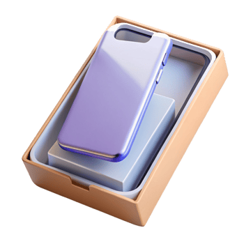 bold vibrant A brand new, unwrapped smartphone in its box. NO BACKGROUND with Transparent Background. studio quality png