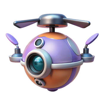 timeless modern AI drone, spherical, camera lens, hovering, NO BACKGROUND with Transparent Background. high quality png