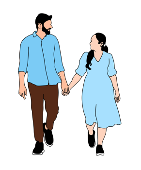 Romantic stroll of a loving couple in blue outfit png
