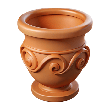 glorious iconic Terracotta flower pot, classical design, NO BACKGROUND with Transparent Background. png