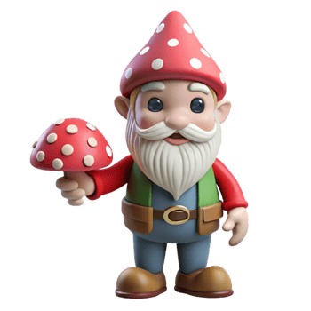 reflective fascinating A whimsical gnome, holding a toadstool. NO BACKGROUND with Transparent Background. professional png
