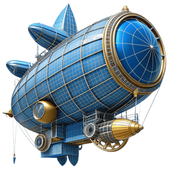 sumptuous dreamy industrial Steampunk airship design with detailed blueprints and cross-sections. NO BACKGROUND with Transparent Background. masterfully captured png