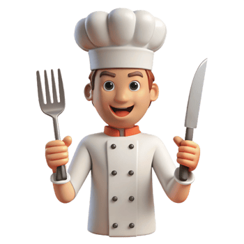 standout industrial Chef, holding knife and fork, NO BACKGROUND with Transparent Background. high quality png