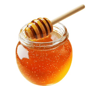 Glass jar filled golden honey and wooden honey dripping stick png