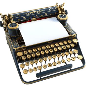 Vintage black typewriter white blank sheet and golden metallic keys png
