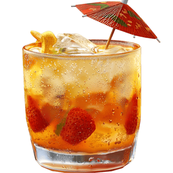 Refreshing cocktail orange slices ice cubes mint sprigs straw umbrella png
