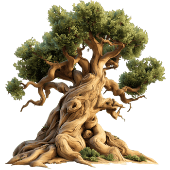 Ancient twisted tree thick brown bark and lush green leaves png