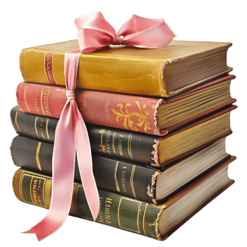 Stack of vintage books tied neatly soft elegant pink ribbon png