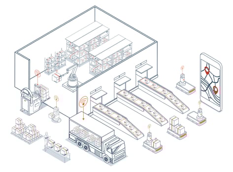 The smart warehouse uses an AGV system to automate material handling, supporting its flexible logistics and accurate inventory counts. vector