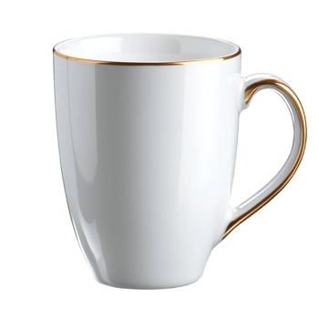 White ceramic coffee mug golden rim and stylish curved handle png