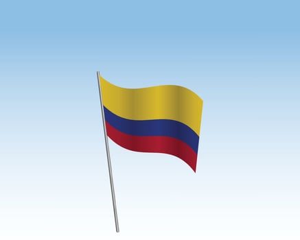 Colombia flags in a realistic artwork. Wind-blown flag against a clear blue sky vector