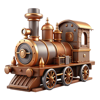 memorable urban Steampunk train miniature with intricate details and steam engine. NO BACKGROUND with Transparent Background. precision png