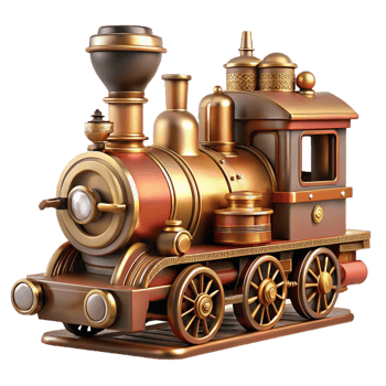 impressive artistic Steampunk train miniature with intricate details and steam engine. NO BACKGROUND with Transparent Background. refined png