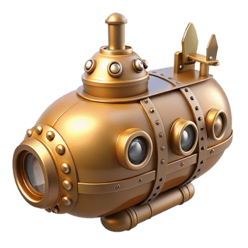 pristine nordic Steampunk submarine miniature with intricate details and portholes. NO BACKGROUND with Transparent Background. impeccable png