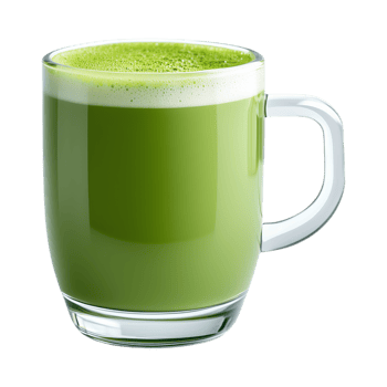 vibrant green beverage in clear glass cup, showcasing smooth texture and frothy top png