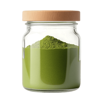 Fresh green superfood powder in glass jar with wooden lid, perfect for wellness enthusiasts png